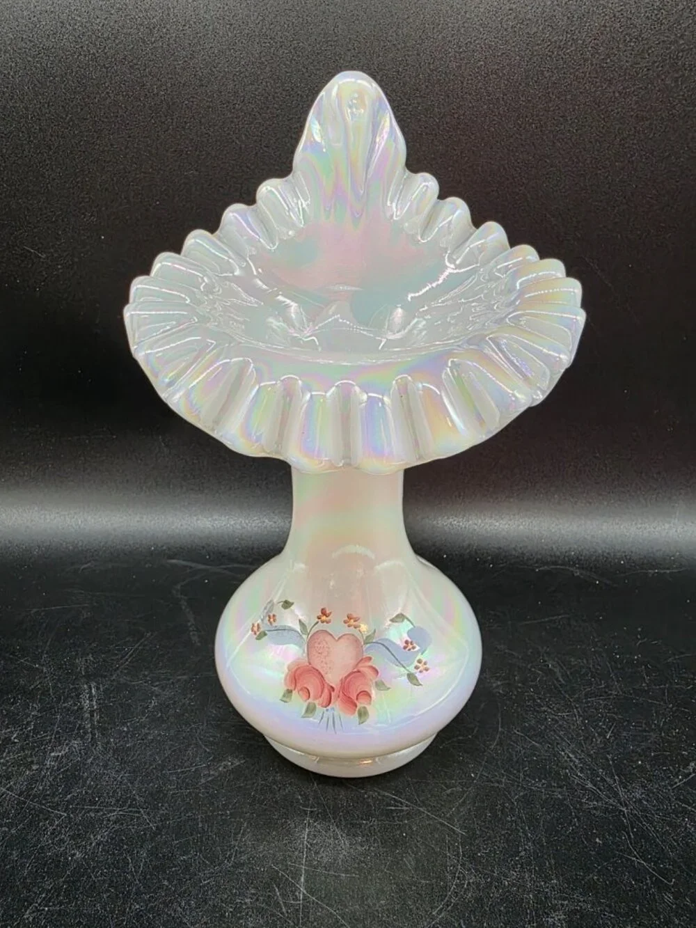 Vintage Fenton White Iridescent Jack in the Pulpit Ruffled Vase Signed, Numbered